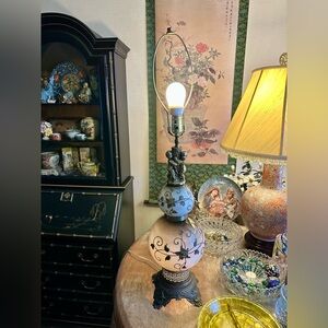 Vintage Hollywood Regency Lamp Brass & Glass Globe w/Metal Overlay 36”